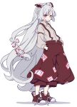  1girl absurdres blush_stickers bow closed_mouth collared_shirt fujiwara_no_mokou full_body grey_hair hair_bow hands_in_pockets highres kame_(kamepan44231) long_hair long_sleeves pants red_eyes red_footwear red_pants shirt shoes simple_background sleeve_garter sneakers solo touhou white_background white_bow white_shirt 