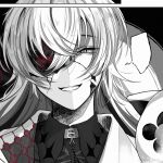  1boy :d close-up collared_shirt greyscale grin hair_between_eyes highres hoshirube_sho isumisumi jacket long_hair looking_at_viewer male_focus monochrome nijisanji one-eyed open_clothes open_jacket open_mouth portrait shirt sidelocks slit_pupils smile solo spot_color straight-on straight_hair teeth virtual_youtuber 