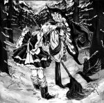  1girl back_bow bird boots bow braid broom catogom closed_mouth crow frilled_bow frills from_side full_body greyscale hat highres holding holding_broom kirisame_marisa large_hat leaning_forward long_hair long_sleeves looking_at_viewer looking_to_the_side monochrome outdoors pine_tree shirt single_braid skirt snow socks solo standing touhou tree vest witch_hat 