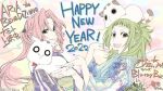  2022 2girls alternate_costume amanchu! aria aria_(amanchu!) aria_pokoteng blue_kimono blue_nails blunt_bangs cat closed_mouth dated eyelashes floral_print green_hair hand_up hands_up happy_new_year holding itou_youko japanese_clothes kimono long_hair multiple_girls nail_polish obi obijime official_art orange_nails parted_bangs pink_hair ponytail print_kimono promotional_art purple_kimono sash sidelocks signature smile striped striped_kimono upper_body white_cat wide_sleeves yukata 