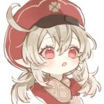  1girl :o blonde_hair cabbie_hat closed_mouth cowlick cropped_shoulders genshin_impact hair_between_eyes hat jacket klee_(genshin_impact) light_blush looking_at_viewer low_twintails medium_hair pointy_ears portrait red_eyes red_headwear red_jacket shimozaki_hotaru simple_background solo twintails white_background 