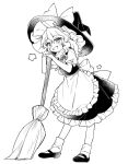  1girl apron blush bow braid broom frilled_apron frilled_skirt frills full_body greyscale grin hair_between_eyes hat hat_bow highres jill_07km kirisame_marisa long_hair monochrome protected_link shirt shoes short_sleeves simple_background single_braid skirt smile socks solo star_(symbol) touhou vest waist_apron white_background witch_hat 