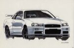  artist_name car motor_vehicle nissan nissan_skyline nissan_skyline_gt-r nissan_skyline_r34 no_humans original pastel_colors simple_background skyline twitter_username white_background white_car yasuyuki3080 