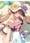  1girl absurdres animal_ears bag blunt_bangs blush brown_hair closed_mouth collarbone disembodied_limb flower handbag hat highres horse_ears horse_girl horse_tail isana615 long_hair looking_at_viewer solo sunflower sweep_tosho_(umamusume) tail twintails umamusume violet_eyes white_headwear 