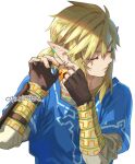  1boy amber_(gemstone) blonde_hair champion&#039;s_tunic_(zelda) closed_eyes earrings fingerless_gloves gem gloves indesign jewelry link male_focus pointy_ears short_hair short_ponytail simple_background solo the_legend_of_zelda the_legend_of_zelda:_breath_of_the_wild upper_body white_background 