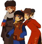  1boy 2girls belt bun_cover china_dress chinese_clothes coat double_bun dress fur_hat hair_bun hat highres hime_cut messy_hair mongolian_clothes multiple_girls nanimonothing original scarf ushanka 