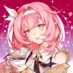  1girl annnnq bare_shoulders blue_eyes blush chinese_commentary chinese_text commission cup diamond-shaped_pupils diamond_(shape) elysia_(honkai_impact) english_commentary english_text highres honkai_(series) honkai_impact_3rd jewelry mixed-language_commentary mug open_mouth pink_background pink_pupils pink_theme pointy_ears solo symbol-shaped_pupils upper_body white_headwear 