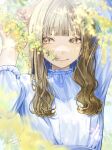  1girl arm_up blue_shirt blunt_bangs blurry brown_eyes brown_hair dated flower freckles highres long_hair man015s nail_polish original shirt signature smile solo upper_body yellow_flower 