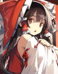  1girl asakura_maru bare_shoulders bow brown_eyes brown_hair detached_sleeves hair_bow hair_tubes hakurei_reimu highres japanese_clothes long_hair nontraditional_miko open_mouth red_bow ribbon-trimmed_sleeves ribbon_trim sidelocks solo touhou upper_body white_sleeves wide_sleeves 