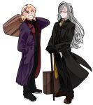  2boys absurdres black_footwear blonde_hair brown_footwear cane closed_eyes english_commentary full_body glasses grey_hair grin hair_between_eyes highres holding holding_suitcase holostars holostars_english koizumi_arata long_hair magni_dezmond male_focus multiple_boys necktie noir_vesper pants pointy_ears short_hair simple_background smile spiked_ear_piercing standing suit suitcase virtual_youtuber white_background yellow_necktie 