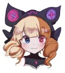  1girl :3 animal_ears blonde_hair blue_eyes blush brown_hair cropped_shoulders drill_hair fake_animal_ears gwen_(league_of_legends) heterochromia hood hood_up league_of_legends mongnyam_(yeon-eomong) multicolored_hair pink_eyes portrait simple_background smile solo soul_fighter_gwen twin_drills twintails two-tone_hair white_background 