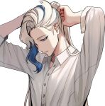  1boy absurdres blonde_hair blue_eyeliner blue_hair closed_mouth collared_shirt genshin_impact hair_bun hand_in_own_hair highres long_sleeves looking_down male_focus merururuu multicolored_hair neuvillette_(genshin_impact) ponytail shirt solo tying_hair violet_eyes white_background white_shirt 