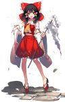 1girl asakura_maru ascot bare_shoulders barefoot black_hair bow detached_sleeves frilled_skirt frills full_body gohei hair_bow hair_tubes hakurei_reimu highres holding holding_gohei japanese_clothes looking_at_viewer medium_hair nontraditional_miko open_mouth red_bow red_eyes red_skirt ribbon-trimmed_sleeves ribbon_trim sidelocks simple_background skirt solo touhou white_background wide_sleeves yellow_ascot 