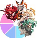  1boy 3girls absurdres ahoge animal_ears blonde_hair blue_eyes bow bowtie breasts cat_ears cat_girl character_name choker color_wheel_challenge commentary demon_girl demon_horns demon_wings english_commentary girl_dm glasses gloves green_hair grey_hair hair_bow hat highres holding holding_plate hololive hololive_english horns indie_virtual_youtuber long_hair long_sleeves magnifying_glass medium_breasts multiple_drawing_challenge multiple_girls mysta_rias mysta_rias_(1st_costume) nijisanji nijisanji_en one_eye_closed oniimely oniimely_(vtuber) open_mouth plate pointy_ears redhead teeth tongue twintails v virtual_youtuber watson_amelia watson_amelia_(1st_costume) wings yellow_eyes 