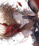  1boy artist_name black_gloves blonde_hair blood blood_on_face blue_eyes broken_mask close-up collared_jacket earrings genshin_impact gloves glowing glowing_eye grin hair_between_eyes half_mask jewelry looking_at_viewer mask red_mask runa_(nori31291404) shards short_hair sideways smile solo tartaglia_(genshin_impact) white_background 