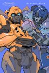  autobot blue_background blue_eyes bumblebee_(transformers) clenched_hand head_tilt highres looking_at_viewer mecha mi_(q9_zjmimimi) mirage_(apex_legends) no_humans open_mouth robot smug transformers transformers:_rise_of_the_beasts transformers_(live_action) 