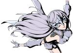  1girl artist_request bare_shoulders blue_eyes breasts closed_mouth detached_sleeves elbow_gloves floating_hair gloves long_hair looking_at_viewer mask medium_breasts montagne_kotone persona persona_5 persona_5:_the_phantom_x shorts solo white_background white_gloves white_hair white_shorts 