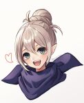  1girl :d blue_scarf fire_emblem fire_emblem_fates grey_eyes hair_between_eyes hair_bun heart highres kana_(female)_(fire_emblem) kana_(fire_emblem) looking_at_viewer open_mouth pointy_ears reia_hana scarf single_hair_bun smile teeth twitter_username upper_body upper_teeth_only white_background white_hair 