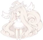  1girl angel angel_wings animal_ear_fluff animal_ears ankle_flower ankle_garter barefoot blonde_hair blush blush_stickers chibi clenched_hand curly_hair detached_wings dress english_commentary feathered_wings floral_dress flower fox_ears fox_girl grey_eyes hair_ornament halo hand_up head_wreath holding holding_flower leaf_hair_ornament littlebluemuffin long_hair long_sleeves looking_at_viewer original parted_lips petals puffy_long_sleeves puffy_sleeves short_dress transparent_background very_long_hair wavy_hair white_dress white_flower white_wings wings 