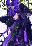  1girl arms_up black_hair breasts colored_tongue dress elbow_gloves flower flower_on_head gloves highres long_hair looking_at_viewer medium_breasts one_eye_covered open_mouth plant purple_dress purple_flower purple_gloves purple_tongue short_sleeves sidelocks solo tierra_misu touhou upper_body very_long_hair vines violet_eyes white_background yomotsu_hisami 