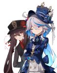  2girls absurdres blue_eyes blue_hair blush boo_tao_(genshin_impact) brown_hair chinese_clothes flower flower-shaped_pupils furina_(genshin_impact) genshin_impact hat hat_ornament highres hu_tao_(genshin_impact) long_hair long_sleeves looking_at_viewer multiple_girls one_eye_closed open_mouth plum_blossoms porkpie_hat qixia red_shirt shirt sidelocks simple_background symbol-shaped_pupils twintails vision_(genshin_impact) white_background 