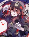  1girl black_coat black_nails boo_tao_(genshin_impact) bright_pupils brown_hair coat flower flower-shaped_pupils genshin_impact ghost hair_between_eyes hand_up hat hat_flower hat_tassel highres hu_tao_(genshin_impact) light_blush long_hair long_sleeves looking_at_viewer mint_chocoooo open_mouth red_eyes solo symbol-shaped_pupils twintails upper_body white_pupils 