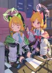  2girls absurdres animal_ear_headphones animal_ears aqua_bow aqua_necktie black_skirt black_thighhighs blonde_hair blue_archive blush bow cat_tail collared_shirt cro_(user_znms5733) fake_animal_ears green_halo hair_bow halo handheld_game_console headphones highres holding holding_pen jacket long_sleeves midori_(blue_archive) momoi_(blue_archive) multiple_girls necktie nintendo_switch parted_lips pen pink_halo pleated_skirt red_bow red_eyes shirt short_hair siblings sisters skirt tail thigh-highs twins white_jacket white_shirt wide_sleeves 