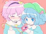  2girls :o ^^^ bad_source black_hairband blue_eyes blue_hair blue_shirt blunt_bangs blush clenched_hand closed_eyes dot_nose embarrassed excited eyeball flat_cap flying_sweatdrops frilled_shirt_collar frills furrowed_brow green_headwear hair_bobbles hair_ornament hairband hand_up hands_up hat heart heart_hair_ornament holding kawashiro_nitori komeiji_satori long_sleeves machiko_(beard) multiple_girls no_nose open_mouth parted_lips pink_hair red_background shirt short_hair simple_background sketch sleeve_cuffs sparkle sweat tareme third_eye touhou trembling two_side_up upper_body v-shaped_eyebrows 