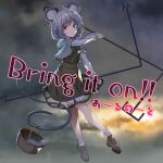  1girl album_cover animal_ears basket belldot black_footwear buttons capelet closed_mouth clouds cloudy_sky cover dowsing_rod english_text floating full_body game_cg gold_trim grey_hair grey_skirt grey_vest holding long_sleeves looking_at_viewer miniskirt mouse mouse_ears mouse_tail nazrin official_art outdoors pantyhose puffy_long_sleeves puffy_sleeves r-note red_eyes shirt shoes shore skirt skirt_set sky smile socks sun tail touhou touhou_cannonball vest white_capelet white_pantyhose white_shirt white_socks 