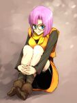  1girl akitaka_(s_asai) bike_shorts blue_eyes breasts chrono_trigger closed_mouth full_body glasses looking_at_viewer lucca_ashtear purple_hair scarf short_hair smile solo 