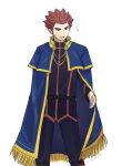  1boy :d belt blue_cape cape commentary_request grey_eyes highres imasara_maki jacket lance_(pokemon) long_sleeves looking_down male_focus open_mouth pants pokemon pokemon_(game) pokemon_hgss redhead short_hair simple_background smile solo spiky_hair white_background 