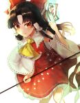  1girl absurdres ascot bare_shoulders black_hair bow detached_sleeves feet_out_of_frame gohei hair_bow hair_tubes hakurei_reimu highres hikage_(0hi_kageo) holding holding_gohei japanese_clothes long_hair nontraditional_miko ofuda red_bow red_eyes red_skirt revision ribbon-trimmed_sleeves ribbon_trim sidelocks simple_background skirt solo touhou unfinished_dream_of_all_living_ghost white_background white_sleeves wide_sleeves yellow_ascot 