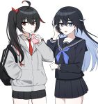  2girls ahoge alternate_costume black_hair black_serafuku black_skirt blue_eyes blue_hair blue_neckerchief bottle bright_pupils collared_shirt colored_inner_hair drinking_straw grey_jacket hand_in_pocket highres holding holding_bottle honkai_(series) honkai_impact_3rd hood hooded_jacket jacket lix_(iroiro3843) long_hair long_sleeves looking_at_viewer multicolored_hair multiple_girls neckerchief necktie open_mouth pleated_skirt red_eyes red_necktie redhead school_uniform seele_(alter_ego) seele_vollerei seele_vollerei_(herrscher_of_rebirth) serafuku shirt side_ponytail simple_background skirt streaked_hair two-tone_hair white_background white_pupils white_shirt 