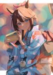  1girl absurdres animal_ears animal_print blue_eyes blurry blush bokeh brown_hair depth_of_field fish_print highres horse_ears horse_girl horse_tail isana615 japanese_clothes kimono lips long_hair long_sleeves looking_at_viewer multicolored_hair ponytail smile solo squatting streaked_hair tail tokai_teio_(umamusume) two-tone_hair umamusume white_hair wide_sleeves yukata 