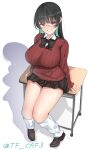    1girl alternate_costume black_hair black_neckerchief black_skirt blush breasts brown_cardigan cardigan choukai_(kancolle) collared_shirt desk glasses highres kantai_collection large_breasts long_hair long_sleeves looking_at_viewer loose_socks miniskirt neckerchief on_desk red_eyes ribbed_cardigan shadow shirt sitting sitting_on_desk skirt smile socks solo tf_cafe twitter_username uniform white_background 