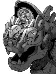  1girl acky_bright cable cockpit goggles goggles_on_head greyscale hair_behind_ear highres lizard looking_at_viewer looking_up mecha monochrome non-humanoid_robot original pilot_suit ponytail robot robot_animal science_fiction sitting white_background 