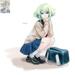 bag bag_removed blue_skirt colored_eyelashes crossdressing dated green_hair hands_on_own_chin highres lio_fotia loafers long_sleeves otoko_no_ko photo-referenced photo_inset pleated_skirt prmattotia promare reference_inset school_bag school_uniform serafuku shoes short_hair simple_background skirt socks squatting violet_eyes white_background white_socks 