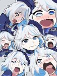 1girl :i =_= ahoge aqua_(konosuba) ascot black_ascot blue_eyes blue_hair blush colored_inner_hair comedy commentary_request constricted_pupils crying crying_aqua_(meme) crying_with_eyes_open furina_(genshin_impact) genshin_impact grey_background hair_between_eyes hat heterochromia highres kono_subarashii_sekai_ni_shukufuku_wo! light_blue_hair long_hair meme multicolored_hair multiple_views nose_blush open_mouth parody short_hair streaked_hair tears tofudofu top_hat wavy_mouth white_hair