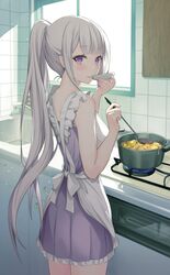  1girl absurdres alternate_costume apron bare_shoulders blunt_bangs blush closed_mouth cooking cooking_pot cowboy_shot dress echiru39 elf emilia_(re:zero) frilled_apron frilled_dress frills from_behind grey_hair highres indoors kitchen ladle long_hair looking_at_viewer looking_back plate pointy_ears ponytail purple_dress re:zero_kara_hajimeru_isekai_seikatsu sink sleeveless sleeveless_dress smile solo steam tasting tasting_plate very_long_hair violet_eyes white_apron 