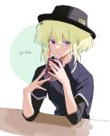  black_headwear black_shirt blonde_hair boater_hat character_name cup drinking_glass elbows_on_table food fruit hat highres holding holding_cup lio_fotia looking_to_the_side official_alternate_costume orange_(fruit) orange_slice otoko_no_ko prmattotia promare shirt short_hair sidelocks soda violet_eyes white_background 