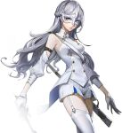  1girl artist_request bare_shoulders blue_eyes breasts closed_mouth detached_sleeves elbow_gloves garter_straps gloves hairband holding long_hair looking_at_viewer mask medium_breasts montagne_kotone persona persona_5 persona_5:_the_phantom_x saber_(weapon) shorts solo standing sword weapon white_background white_gloves white_hair white_shorts 