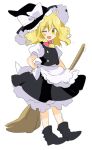 1girl ;d ankle_boots apron arm_at_side bad_source black_dress black_footwear black_headwear blonde_hair boots bow broom dress fang frilled_hat frills full_body hair_bow hair_over_shoulder hand_on_own_hip hat hat_bow holding holding_broom kirisame_marisa large_bow long_hair looking_at_viewer machiko_(beard) one_eye_closed open_mouth petticoat pinafore_dress pink_bow puffy_short_sleeves puffy_sleeves short_sleeves simple_background sleeveless sleeveless_dress smile solo standing toes_up touhou waist_apron white_apron white_background witch witch_hat yellow_eyes 