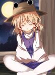  1girl blonde_hair brown_headwear closed_eyes commentary full_body full_moon highres lotus_position moon moriya_suwako night purple_vest safupara_(crnsrd65) shirt short_hair sidelocks sleeping solo touhou turtleneck vest white_shirt 