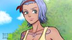  1girl arm_tattoo artist_name bare_shoulders blue_hair chest_tattoo closed_mouth clouds cloudy_sky english_commentary green_eyes hairband highres lipstick makeup mesukohi nojiko one_piece outdoors pink_lips red_hairband short_hair sky smile solo tattoo tree 