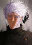  1boy :| absurdres artist_name blue_eyes closed_mouth crack cracked_screen eyelashes facing_viewer floating_hair gojou_satoru grey_background high_collar highres jujutsu_kaisen jujutsu_tech_uniform looking_to_the_side male_focus nthndn portrait short_hair solo white_hair 