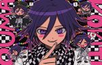  ! 1boy ? black_cape black_footwear black_headwear blush cape character_name checkered_clothes checkered_scarf chibi danganronpa_(series) danganronpa_v3:_killing_harmony finger_to_mouth grin hair_between_eyes happy heart highres kinu_(konoyoha_mtgi) looking_at_another looking_at_viewer male_focus oma_kokichi open_mouth outline pants pixel_heart purple_hair scarf short_hair shushing smile soda_bottle solo speech_bubble spoken_heart squiggle straitjacket torn_cape torn_clothes violet_eyes white_outline white_pants 
