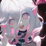  1girl black_background blue_nails briar_(league_of_legends) colored_skin fingernails gradient_background grey_hair hair_between_eyes highres league_of_legends long_hair looking_at_viewer multicolored_hair nail_polish no_pupils open_mouth pink_hair pointy_ears sharp_teeth simple_background smile solo streaked_hair teeth two-tone_hair upper_body vampire vimomo white_eyes 