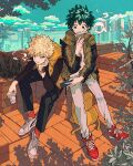  2boys alternate_costume aqua_sky arm_on_knee backpack bag bag_removed bakugou_katsuki black_shirt blonde_hair blowing_steam boku_no_hero_academia bright_pupils building buttons casual cel_shading cheek_press cityscape clouds coffee_cup commentary_request cross-laced_footwear cup curly_hair disposable_cup drinking earphones elbow_rest film_grain fingernails freckles full_body fur-trimmed_vest glass green_eyes green_hair grey_footwear grey_shirt hand_up head_on_hand head_rest high_collar highres holding holding_cup holding_phone inverted_colors jacket leaning_forward ligne_claire long_sleeves looking_at_phone looking_to_the_side male_focus midoriya_izuku multiple_boys multiple_scars open_clothes open_jacket outdoors outstretched_arm outstretched_legs partial_commentary phone plant plant_request pout red_eyes red_footwear red_socks rooftop scar scar_on_arm scar_on_hand shade shadow shared_earphones shirt shoes short_eyebrows short_hair sideways_glance sitting skyscraper sleeveless sneakers socks souko_(floyd) spiky_hair starbucks steam t-shirt unbuttoned unbuttoned_jacket vest watch watch white_pupils yellow_bag yellow_vest 