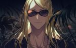  1boy black_shirt blonde_hair closed_mouth collarbone fate/grand_order fate_(series) fern hua_(supa_jopa) long_hair looking_at_viewer male_focus night nostrils outdoors shirt solo sunglasses tezcatlipoca_(fate) tinted_eyewear twitter_username upper_body 