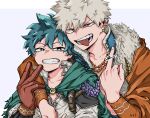  2boys 2nd_popularity_poll_(boku_no_hero_academia) absurdres alternate_hair_color anime_coloring aqua_eyes aqua_hair arm_over_shoulder artist_name bakugou_katsuki blue_vest boku_no_hero_academia bright_pupils cape censored collarbone ear_piercing earrings freckles fukami_(hk3) fur-trimmed_vest fur_(clothing) fur_shawl furrowed_brow gloves green_cape grey_hair grey_shirt grin hair_between_eyes hand_on_another&#039;s_arm hand_up happy head_on_head head_rest high_collar highres jewelry leaning_on_person letterboxed looking_at_viewer male_focus middle_finger midoriya_izuku multiple_boys multiple_necklaces multiple_piercings narrowed_eyes necklace no_shirt official_alternate_costume open_collar open_mouth orange_sleeves outside_border piercing pointless_censoring purple_background red_eyes red_gloves scar scar_on_chest shawl shirt short_hair shoulder_pads single_shoulder_pad slit_pupils smile spiky_hair spoilers teeth torn_cape torn_clothes uneven_eyes upper_body v v-shaped_eyebrows vest white_pupils yellow_brooch 